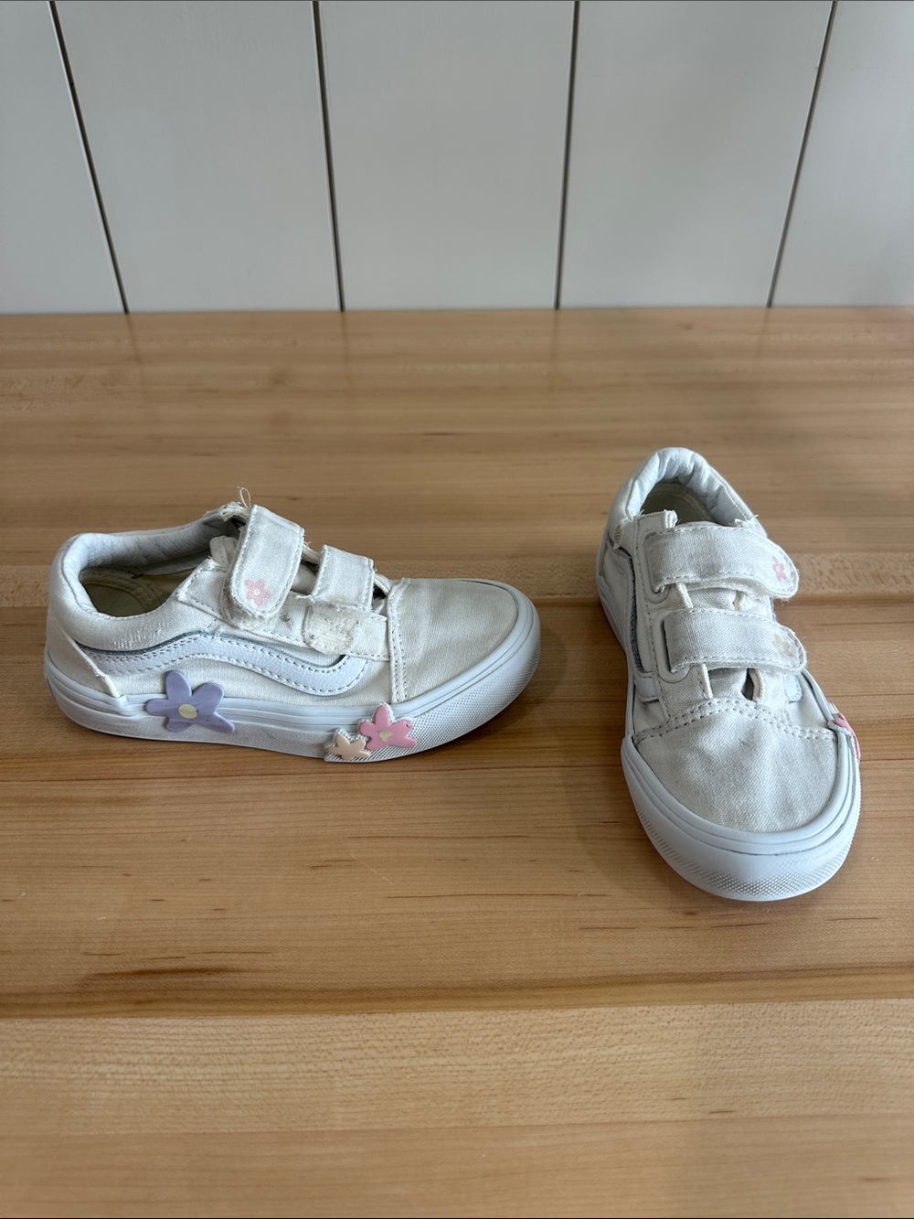 Vans Kids White Canvas Sneakers with Pink & Lavender Flower Accents